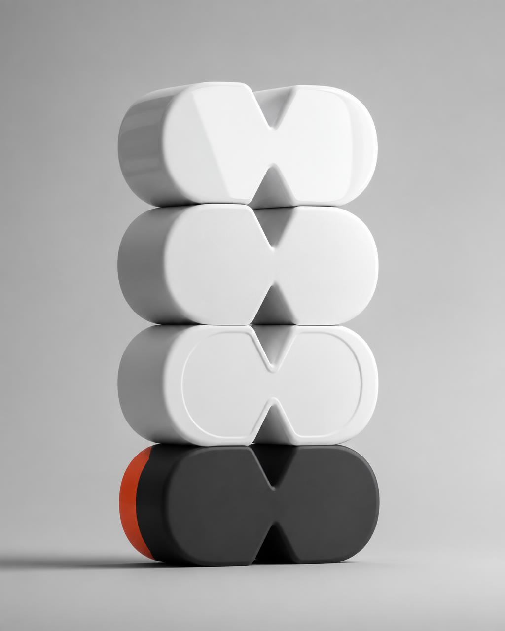 One brand mark rendered as a stack of four modules in gloss, matte, embossed and inverted dark modes