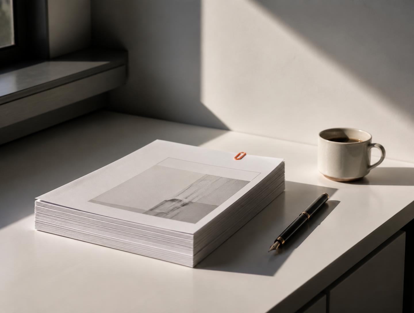 A squared stack of printed documents with a fountain pen and an espresso cup in soft afternoon light
