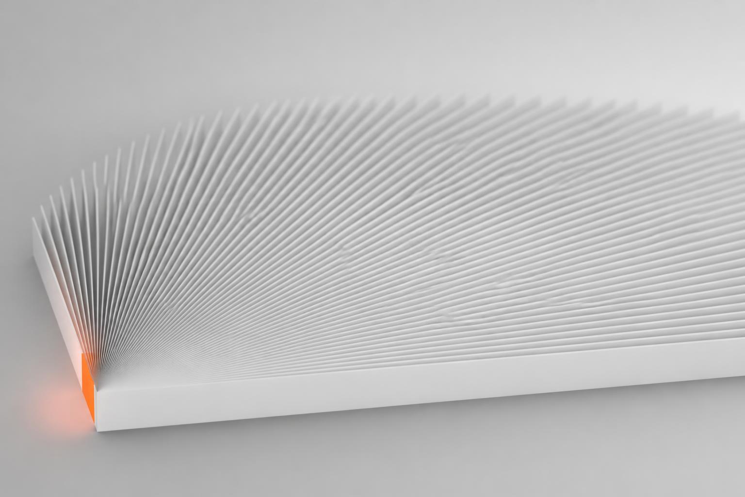 Hundreds of identical white cards fanning out from a single origin — content produced at scale from one system.