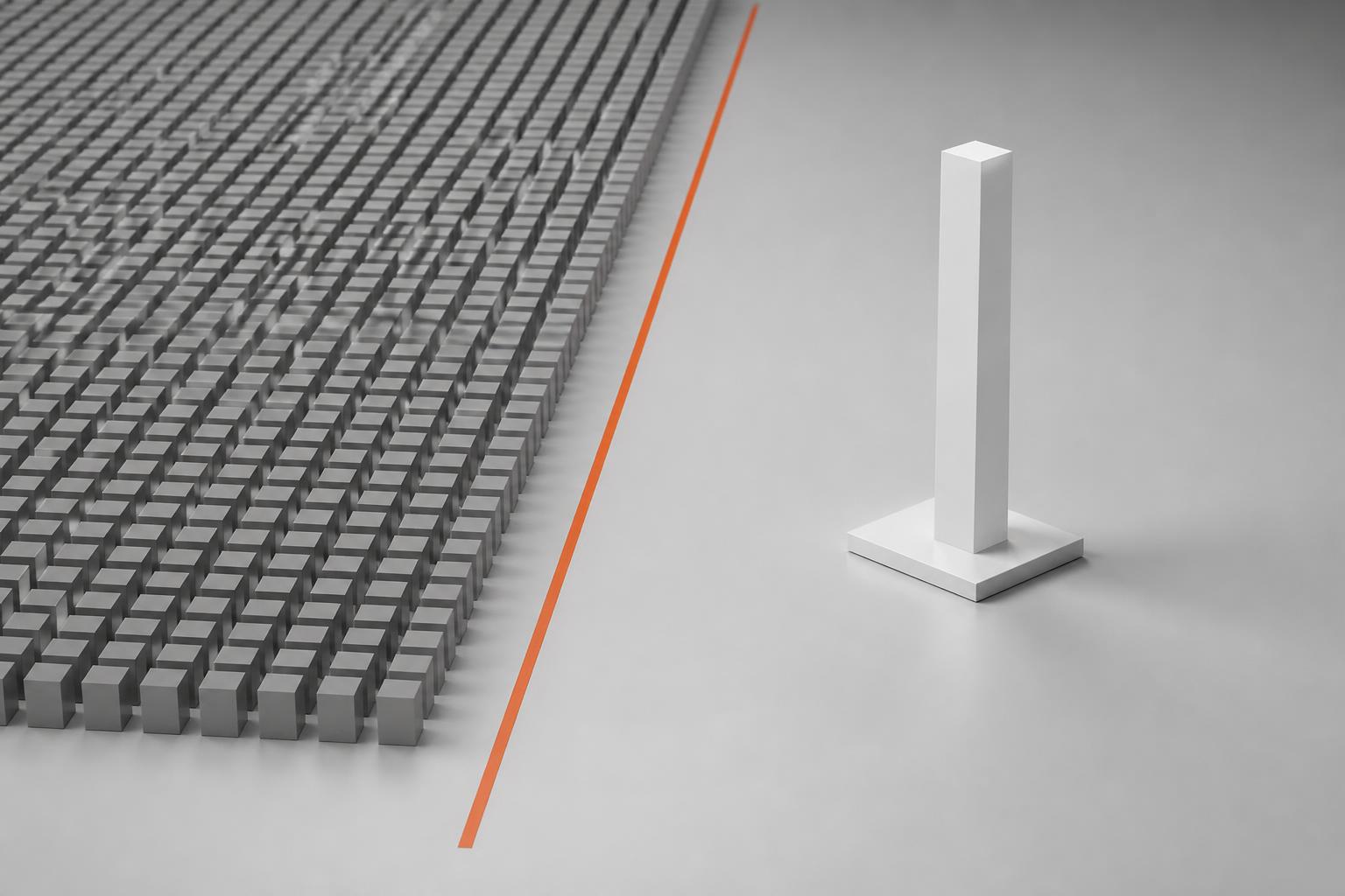 A lone white monolith standing apart from a dense grid of grey cubes, divided by a single orange line — category creation.