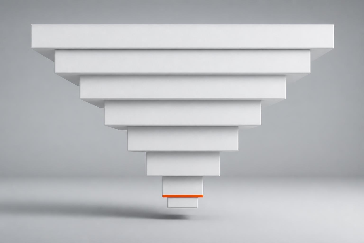 A white stepped funnel narrowing to a small final step marked in orange — behavioural conversion work.